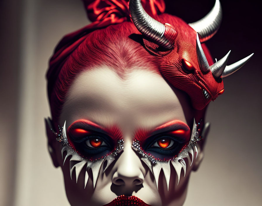 Person with red and black dramatic makeup and dragon headpiece