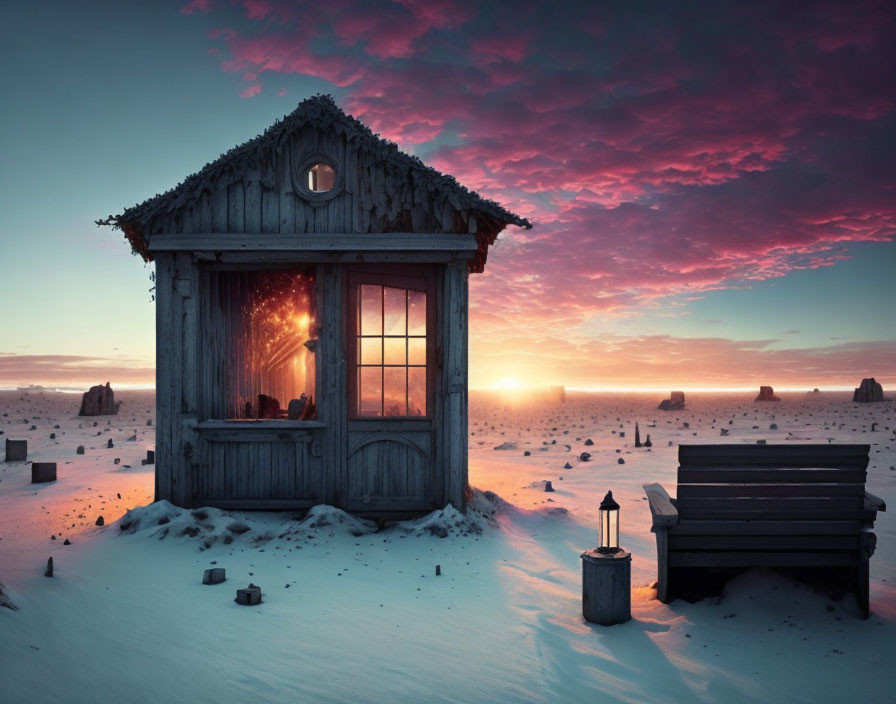 Snowy landscape with cozy wooden hut at dusk and warm glowing window