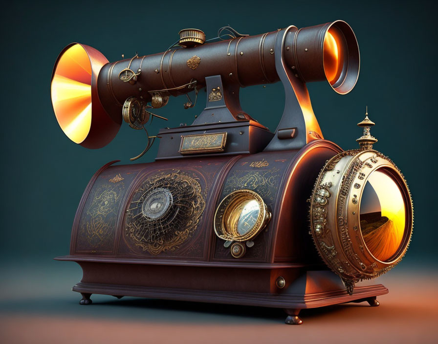 Steampunk-style ornate contraption: telescope and music player fusion