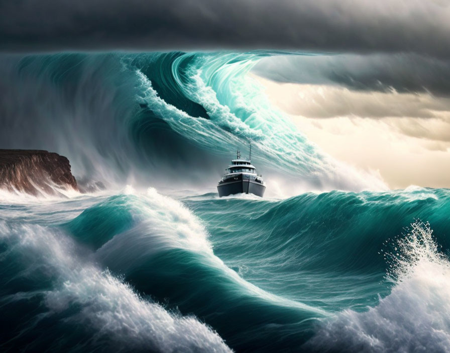 Ship sailing through towering turquoise waves in stormy sea