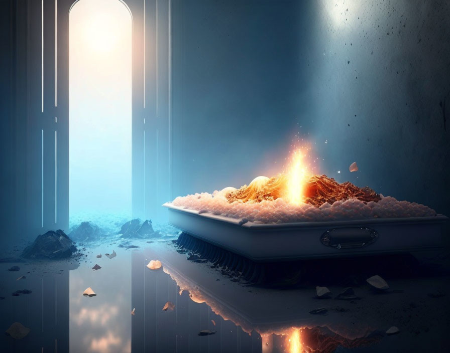 Surreal image of bed with glowing embers in misty room