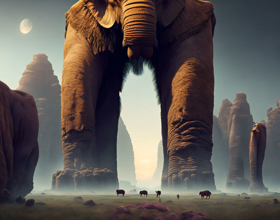 Majestic elephant in surreal landscape with towering rocks and moon