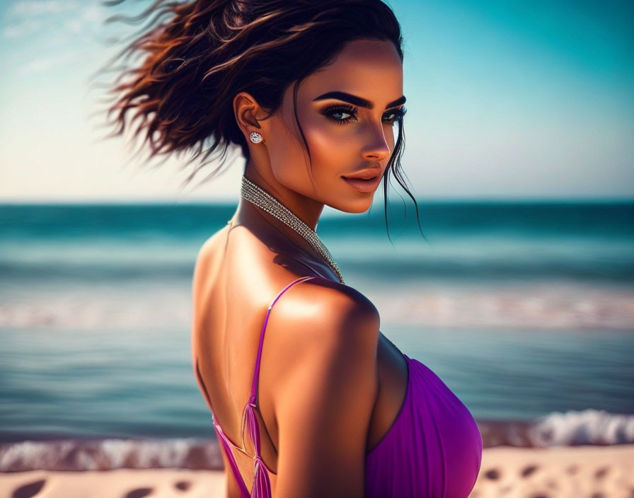 Digital artwork of woman in purple dress by beach