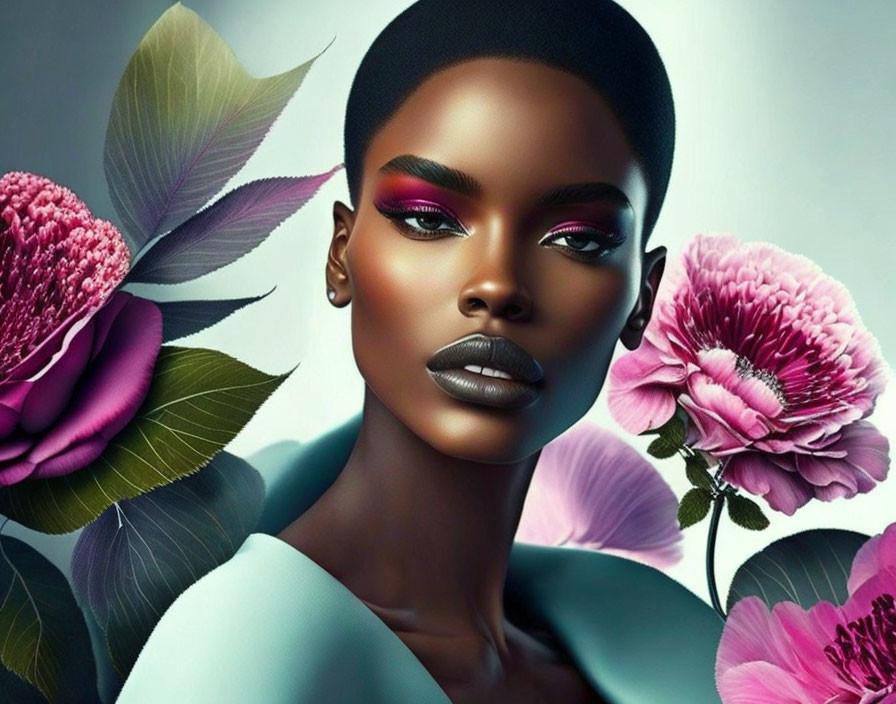 Digital artwork: Woman with flawless skin, striking makeup, surrounded by vivid pink flowers