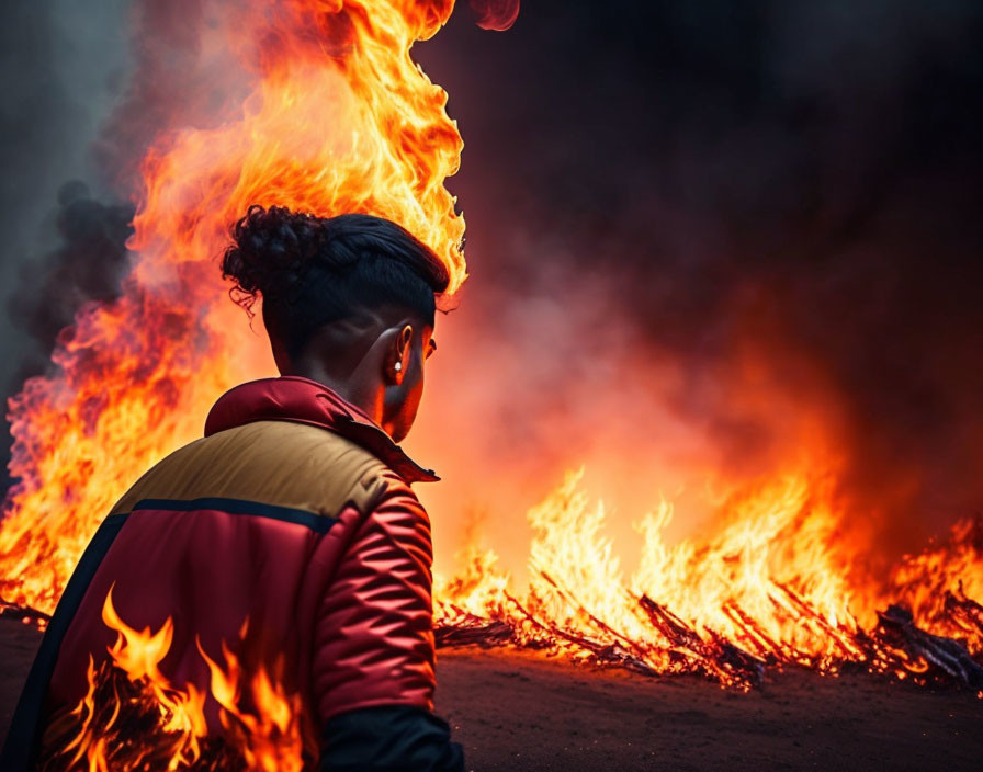 Person in Red and Yellow Jacket Watches Roaring Blaze and Smoke