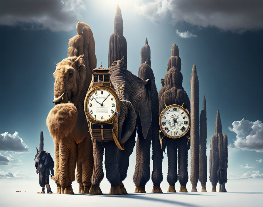 Surreal landscape with elephant rock pillars and clock-faced elephant under cloudy sky