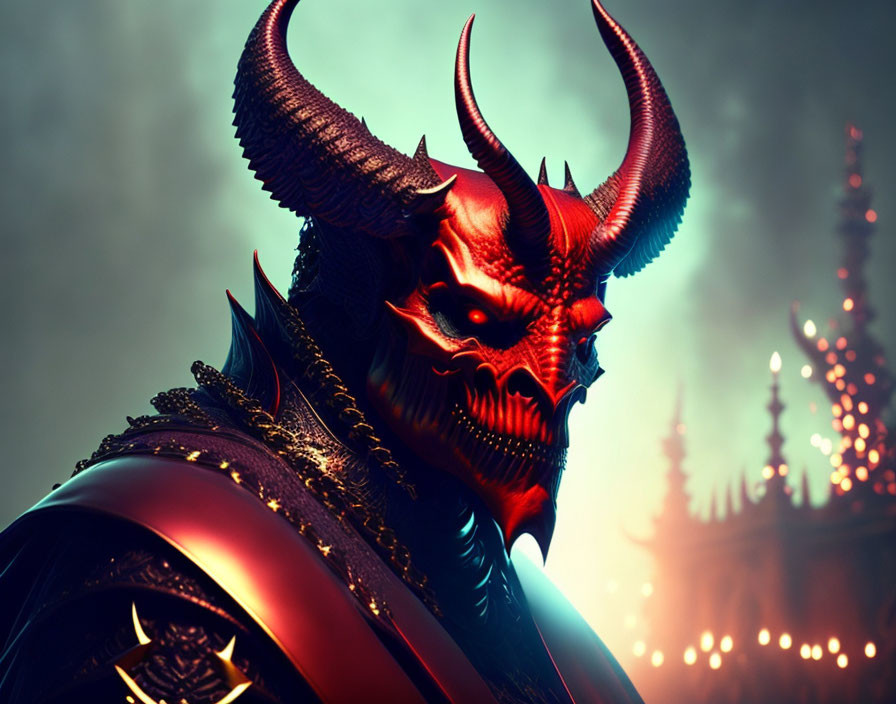 Red-skinned demon in ornate armor against eerie castle backdrop