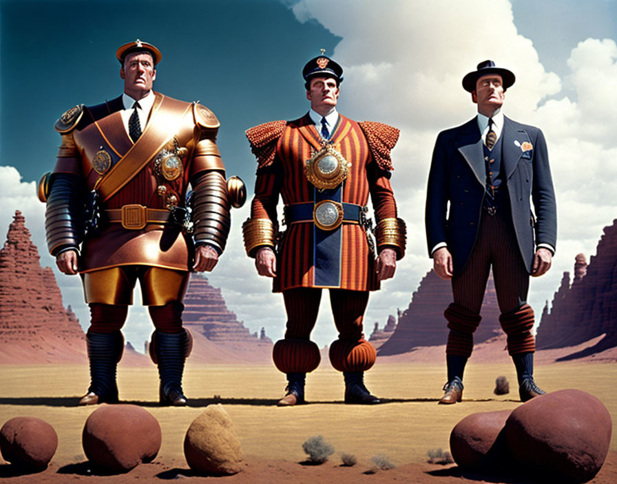 Three men in retro-futuristic costumes pose in desert with red rocks