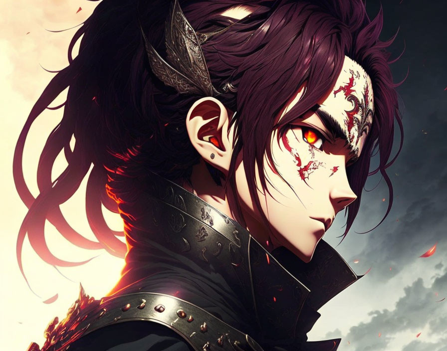 Dark-haired anime character with red eyes, intricate face markings, black armor, and ornate headpiece