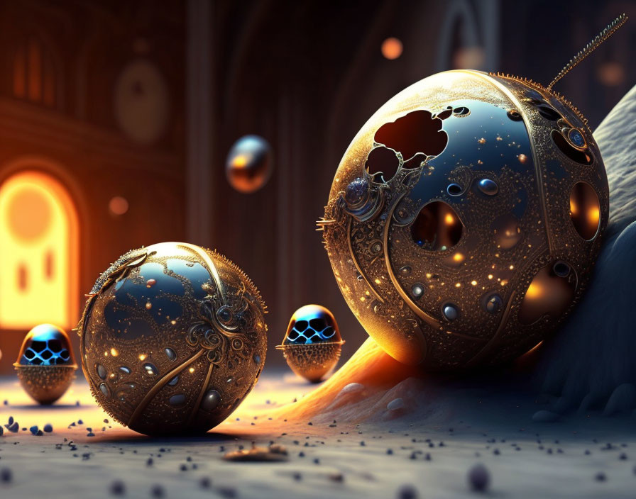 Intricate metallic spheres on smooth surface with warm light