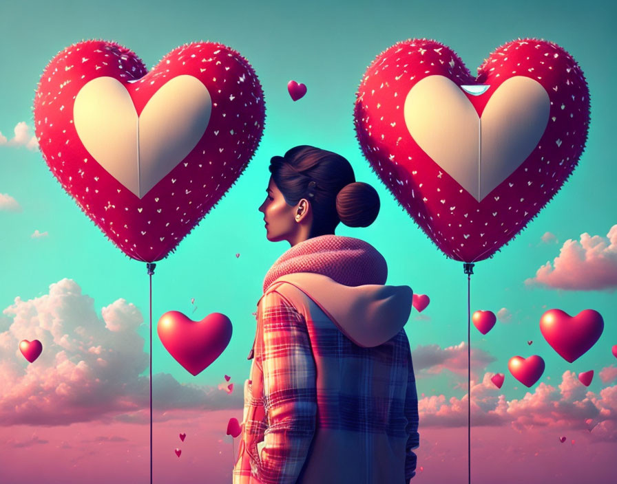 Person admiring heart-shaped balloons in serene sky with clouds and smaller hearts