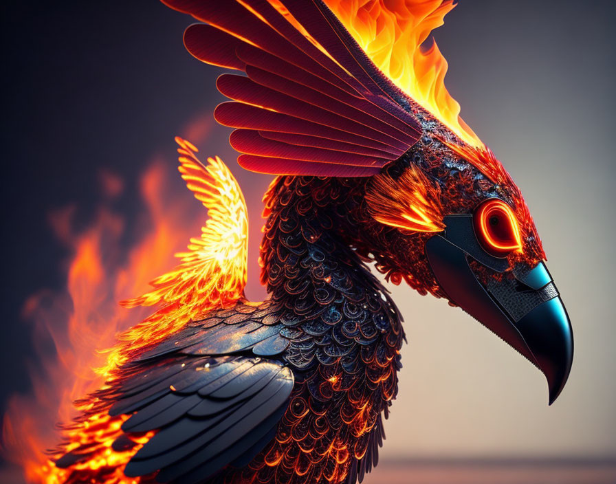 Vibrant phoenix digital artwork with fiery wings and metallic feathers