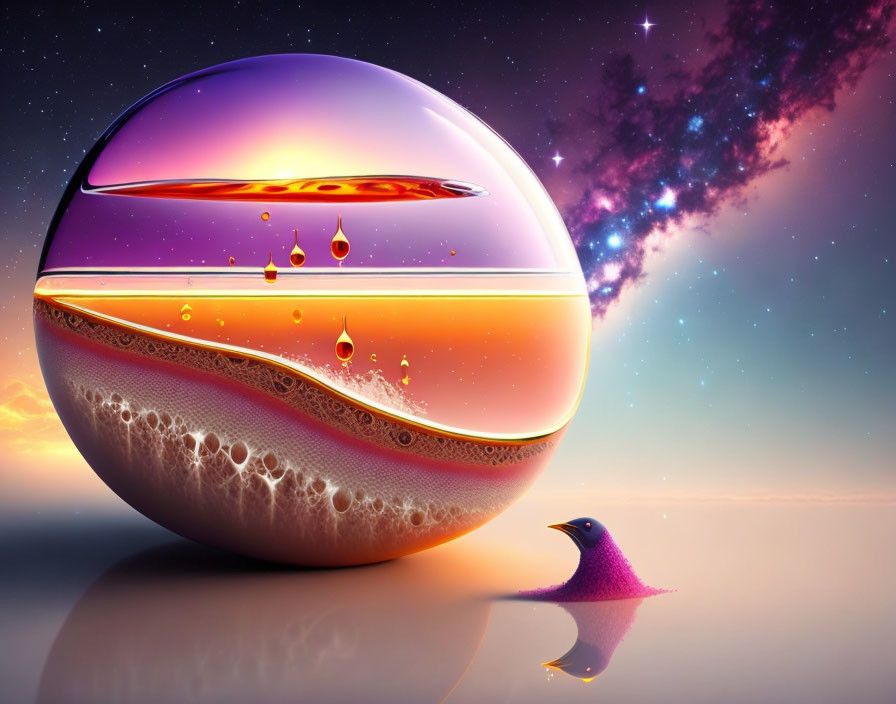 Surreal glossy orb with layered textures on reflective surface under twilight sky