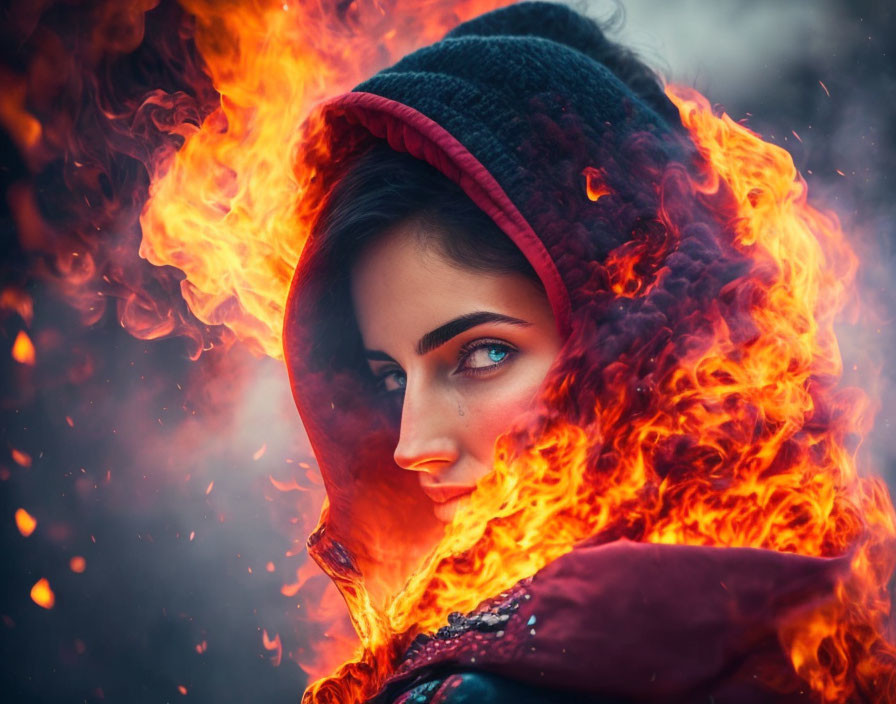 Woman in hooded cloak surrounded by engulfing flames