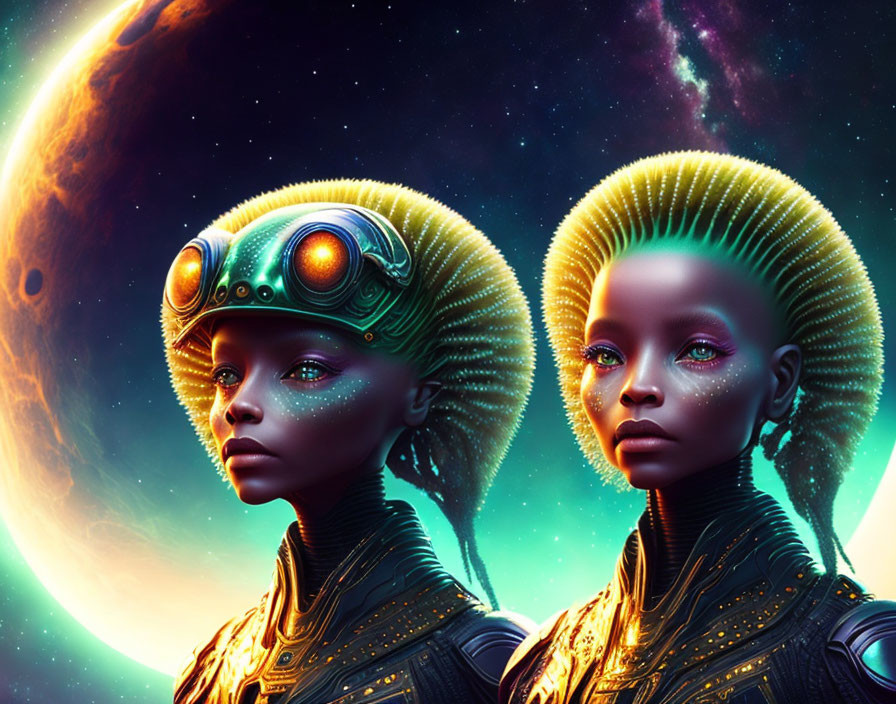 Futuristic alien beings with glowing eyes and ornate headgear in cosmic setting