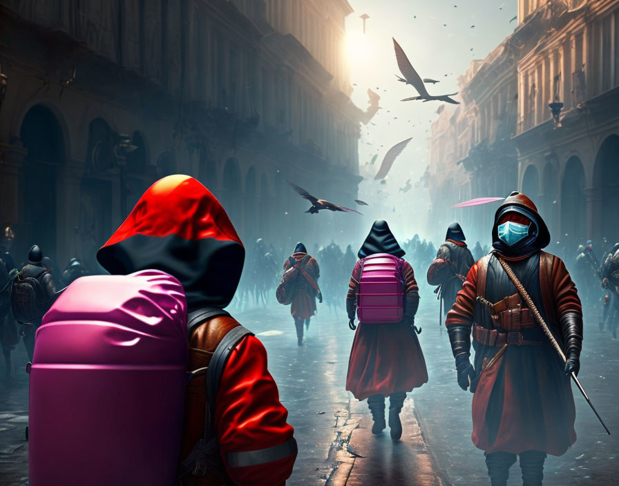 Three masked figures in colorful cloaks stroll through misty city street with flying birds.