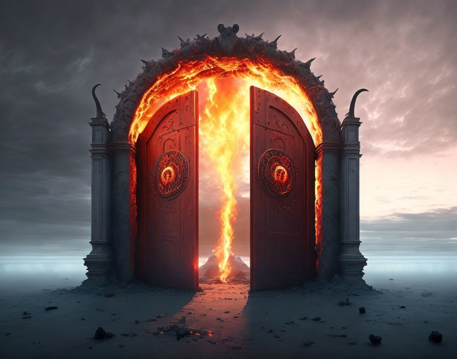 Fiery gates ajar under gloomy sky, blazing inferno within ornate columns.