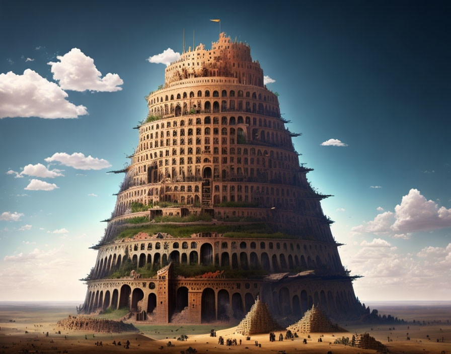 Tower of Babel Artwork: Colossal Tiered Structure in Desert Landscape