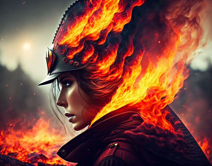 Fantasy character with flaming helmet in digital artwork