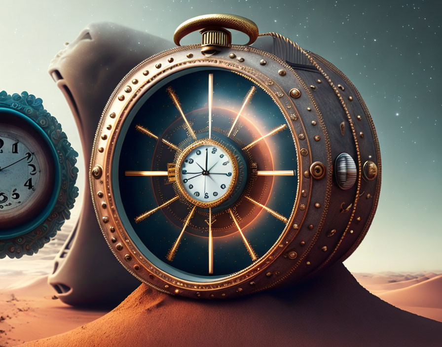 Surreal oversized pocket watches in desert landscape