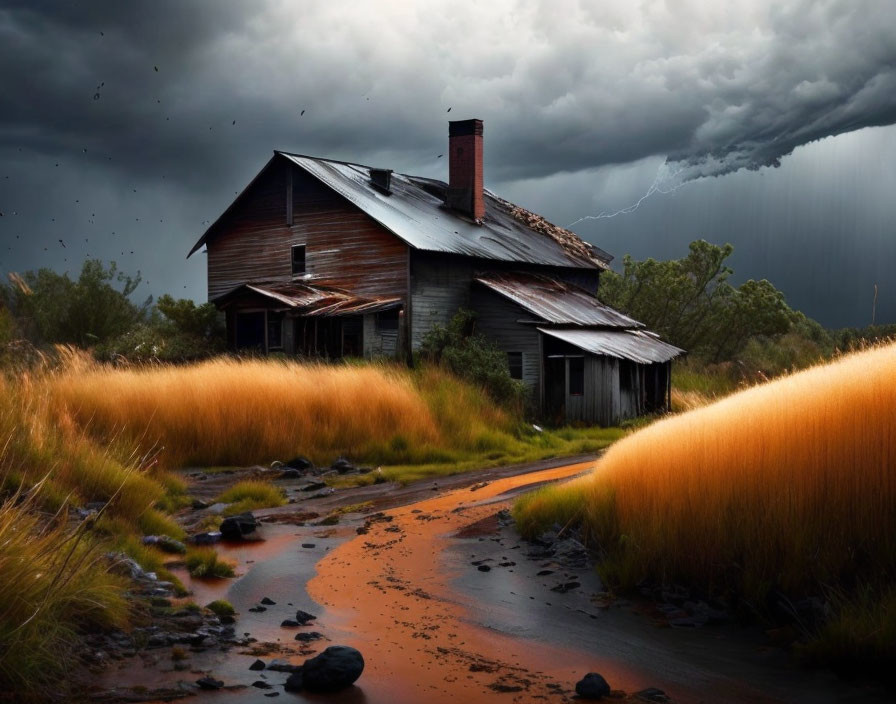 Desolate wooden house under stormy sky with lightning and rain.