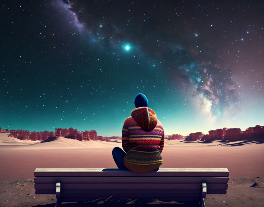 Person in Colorful Sweater Contemplating Starry Desert Night