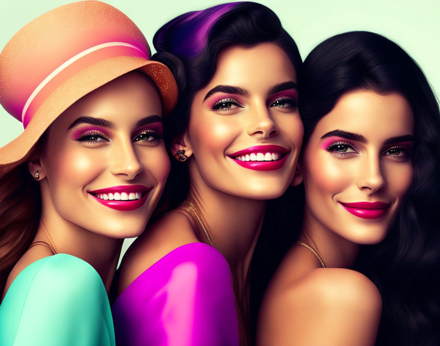 Vibrant makeup and stylish hats on three smiling women.