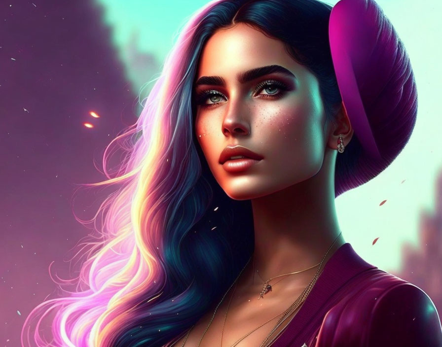 Vibrant multicolored hair woman illustration in city twilight.