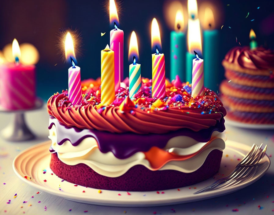 Vibrant birthday cake with candles, sparklers, and sprinkles on a table