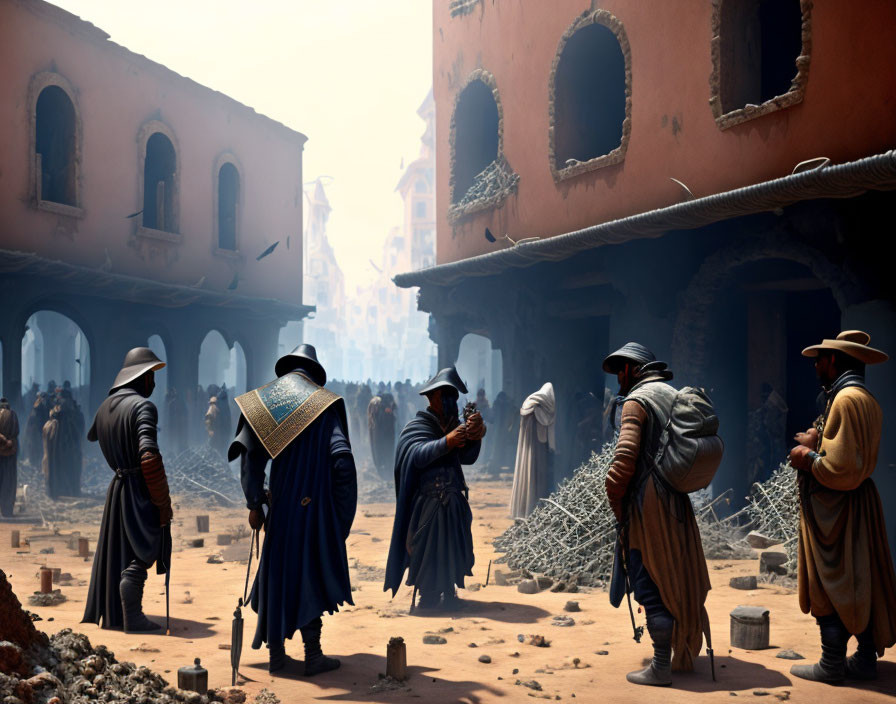 Historical attire in dusty town square with ancient buildings