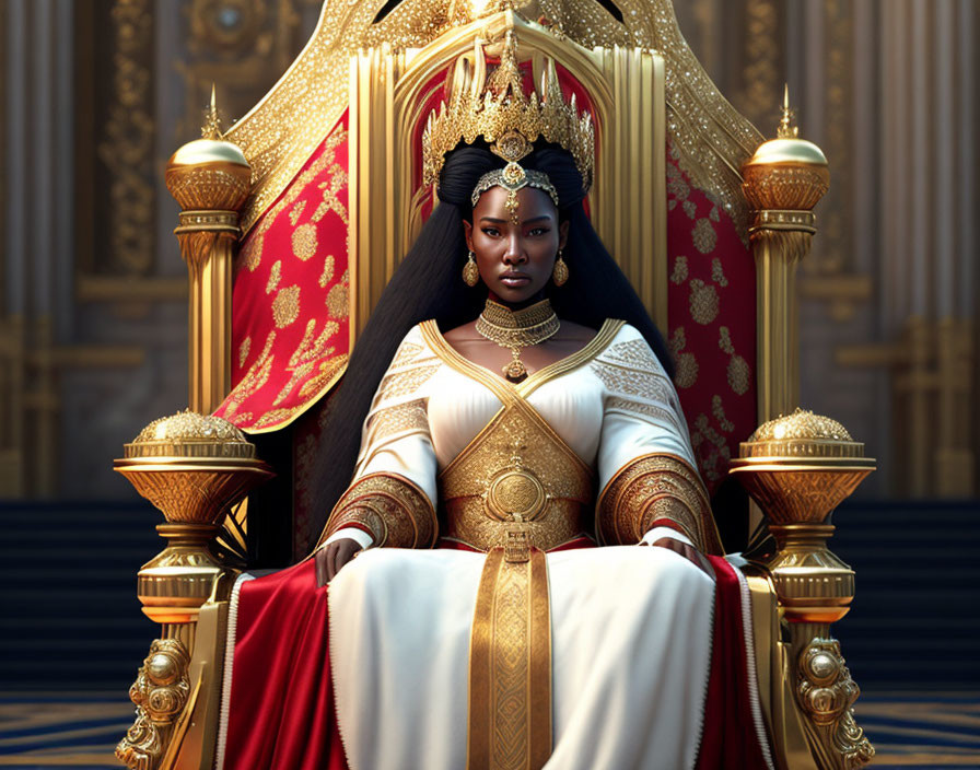 Regal figure in gold-accented gown on throne