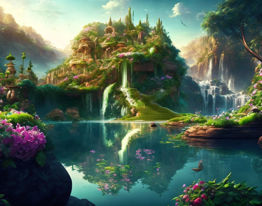 Fantasy landscape with waterfalls, lake, flora, rocks, and ruins