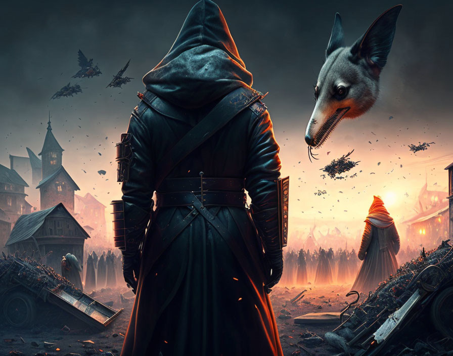 Hooded figure in dystopian battlefield with wolf head overlay and cloaked person near fiery abyss