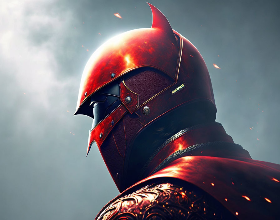 Knight in Red and Black Armor with Plumed Helmet on Cloudy Sky