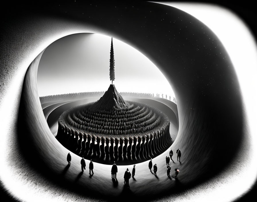 Surreal black and white image of people, spire, and cloned figures in circular space