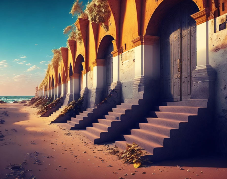 Sandy-toned building with arched doorways and beach stairs at twilight