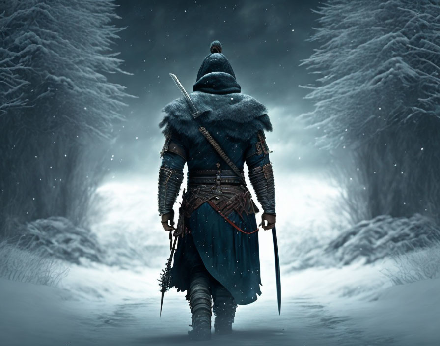 Solitary figure in medieval armor walks snowy forest under overcast sky