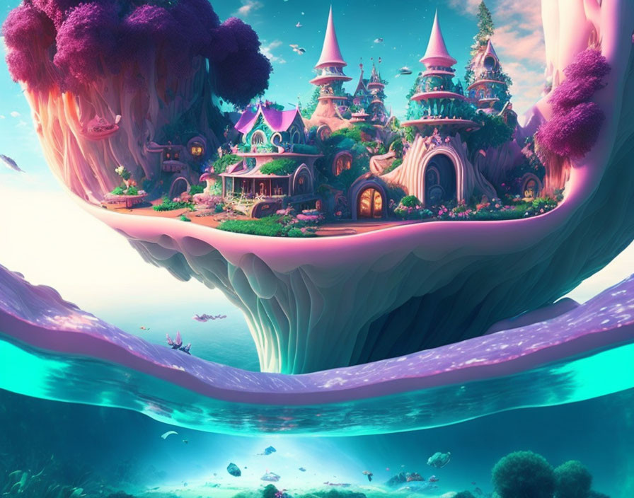 Fantasy landscape with floating islands, purple-treed castles, waterfalls, and coral-filled sea