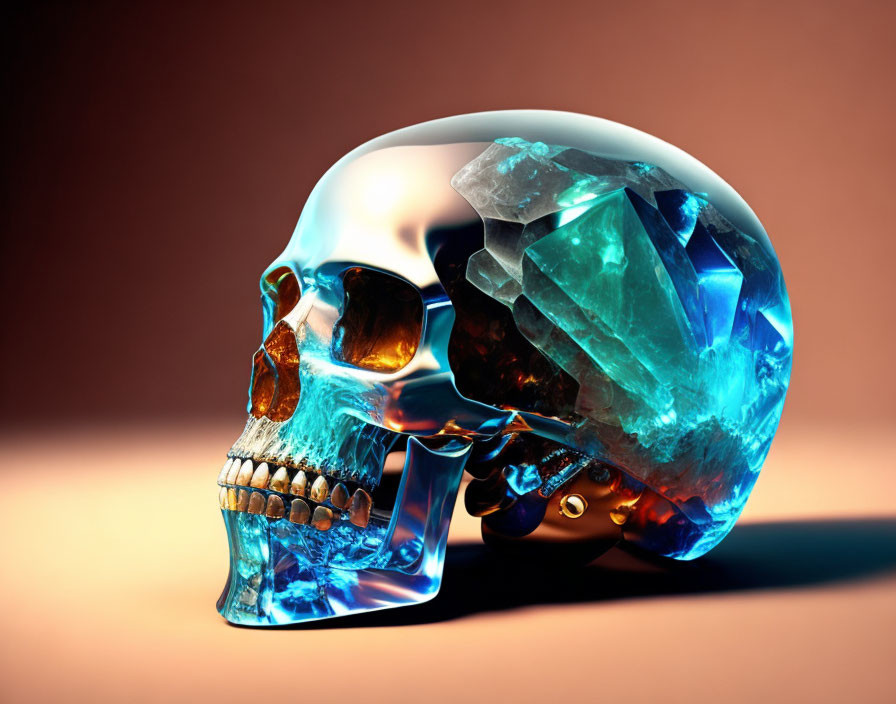 Crystal-Studded Skull Half Clear Half Amber on Brown Backdrop