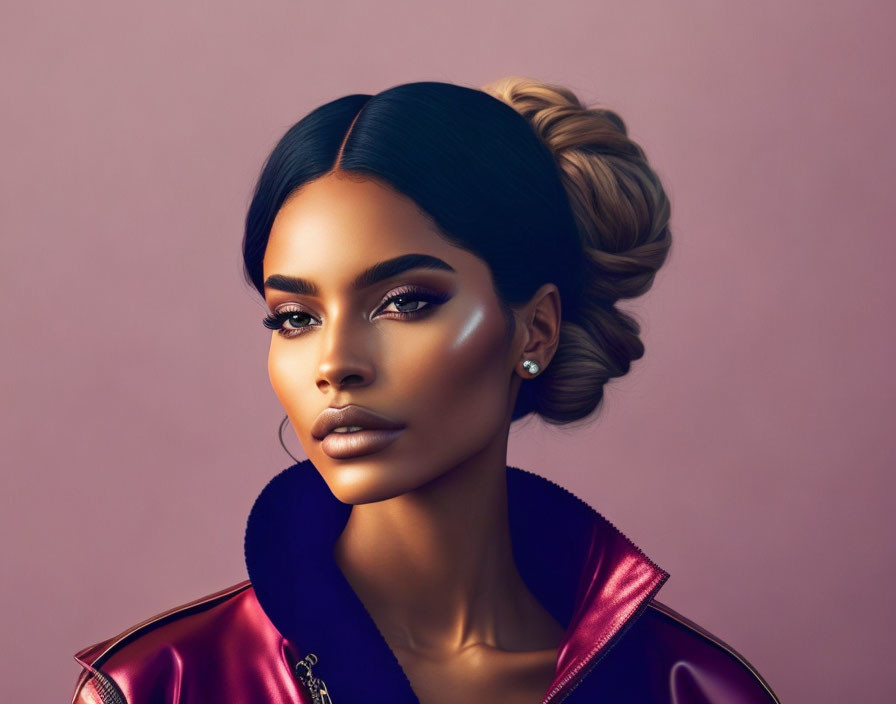 Digital artwork: Woman with flawless makeup, elegant bun, pink jacket, pastel background