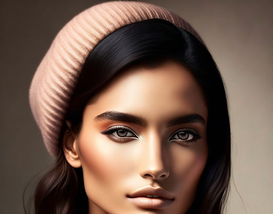 Striking Woman Portrait in Pink Beret & Soft Background