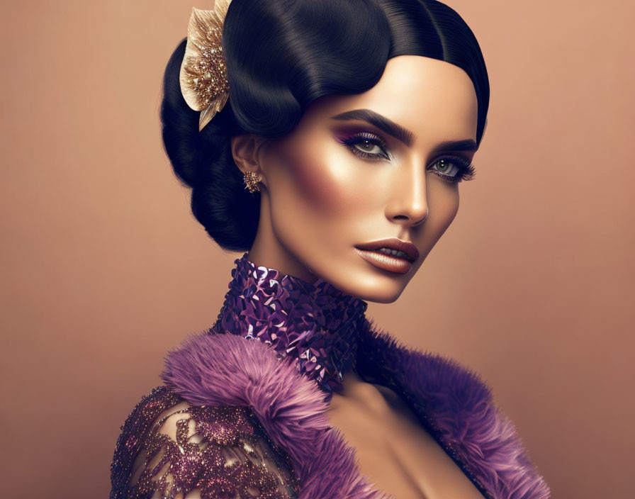 Digital illustration: Woman with elegant makeup, sophisticated updo, floral hairpiece, glamorous dress.