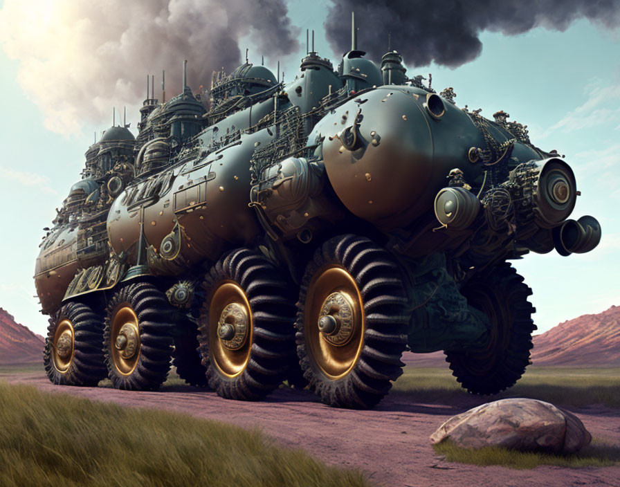 Armored six-wheeled vehicle with spherical turrets in barren red landscape