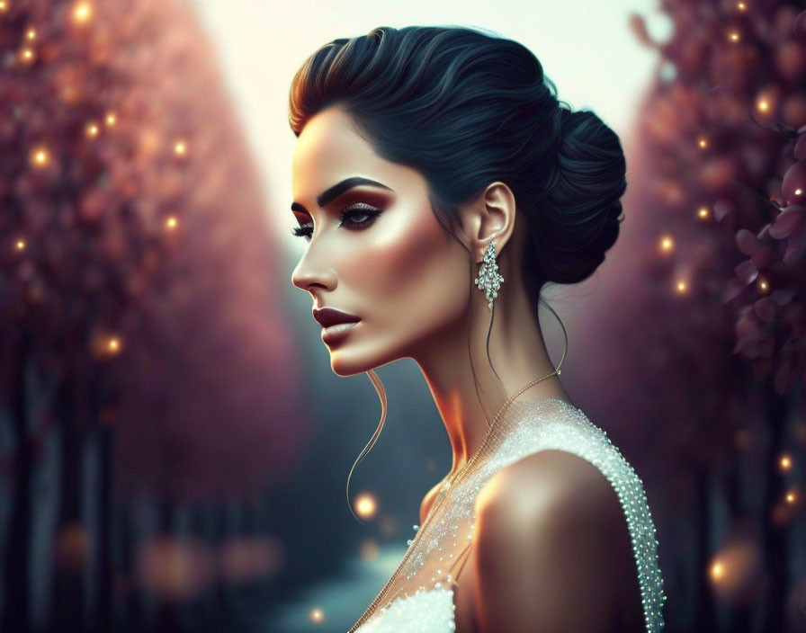 Illustrated woman with elegant updo and glamorous makeup in beaded dress against autumnal backdrop