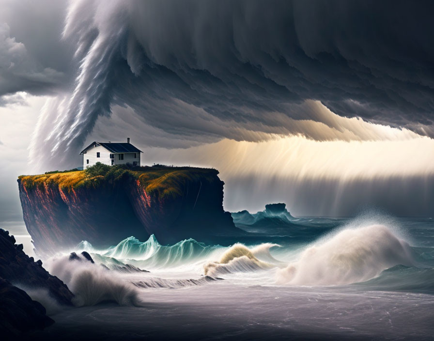 House on Cliff Edge Amid Storm Cloud and Crashing Waves