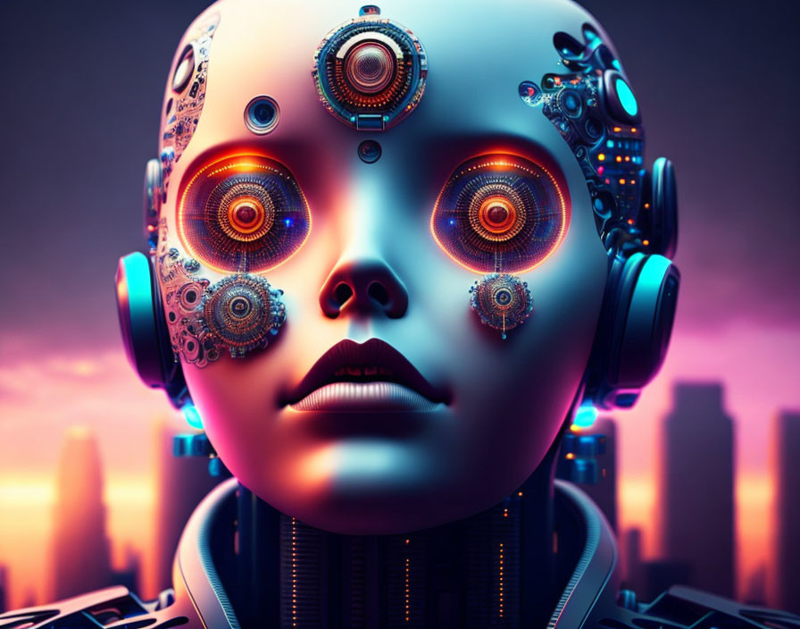 Detailed female robot with glowing eyes in cityscape.