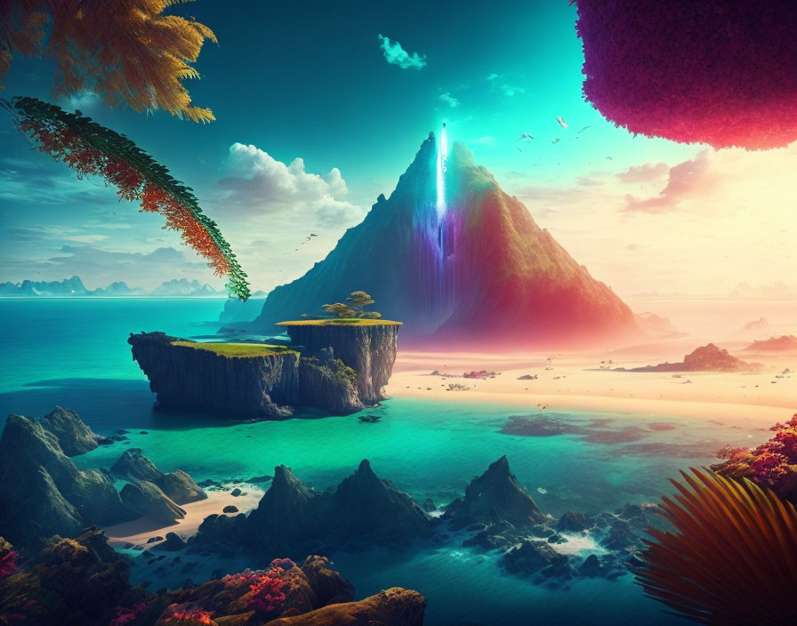 Colorful Fantasy Landscape with Mountain, Islands, Flora, Beach, and Sky