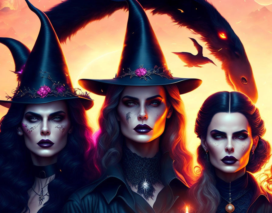 Three witches with stylized makeup and hats in front of fiery backdrop with serpent-like creature