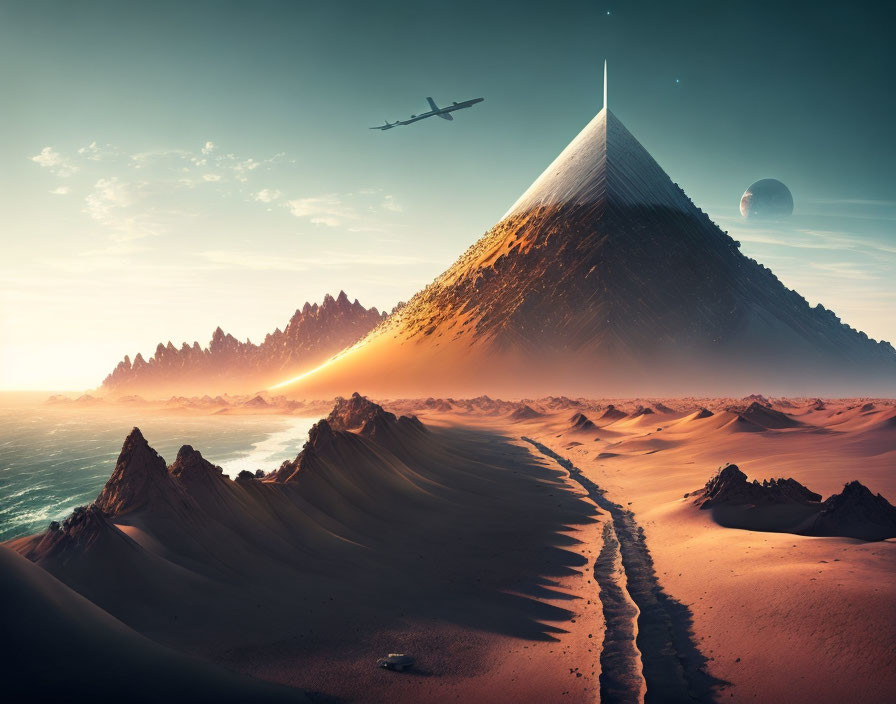 Surreal landscape with pyramid-shaped mountain, plane, sand dunes, rocky terrain, and distant