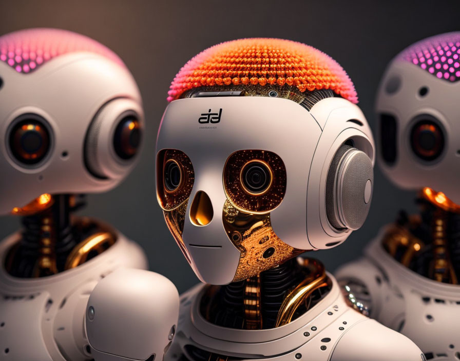 Three humanoid robots with white casings and unique features.